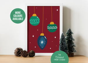 Christmas Bauble Print, Colourful Xmas Print, Christmas Decor, A6 A5 A4 A3 A2, Xmas Poster, Festive Wall Art, Hot Drinks, Hand Drawn